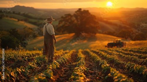 a man is standing in a field with a tractor in the background at sunset