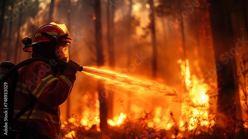 A firefighter is using a hose to extinguish flames in a forest fire