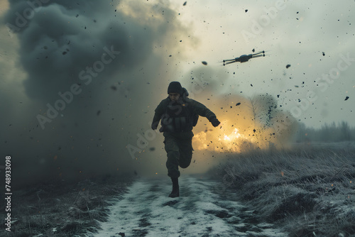 fictional soldier trying to run out of drone at day time winter non-urban battlefield. Neural network generated image. Not based on any actual scene or pattern.