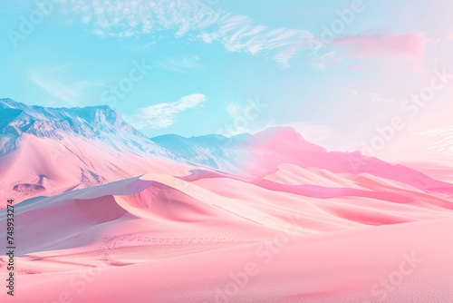 A digitally-created, whimsical pink desert with smooth sands against a backdrop of multi-hued mountains and a pastel sky