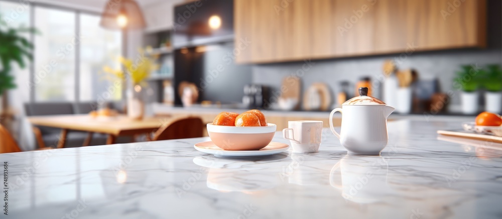 A bowl filled with vibrant oranges sits on a sleek kitchen counter, with a cozy modern kitchen interior in the blurred background. A bowl filled with vibrant oranges sits on a sleek kitchen counter, with a cozy modern kitchen interior in the blurred background.