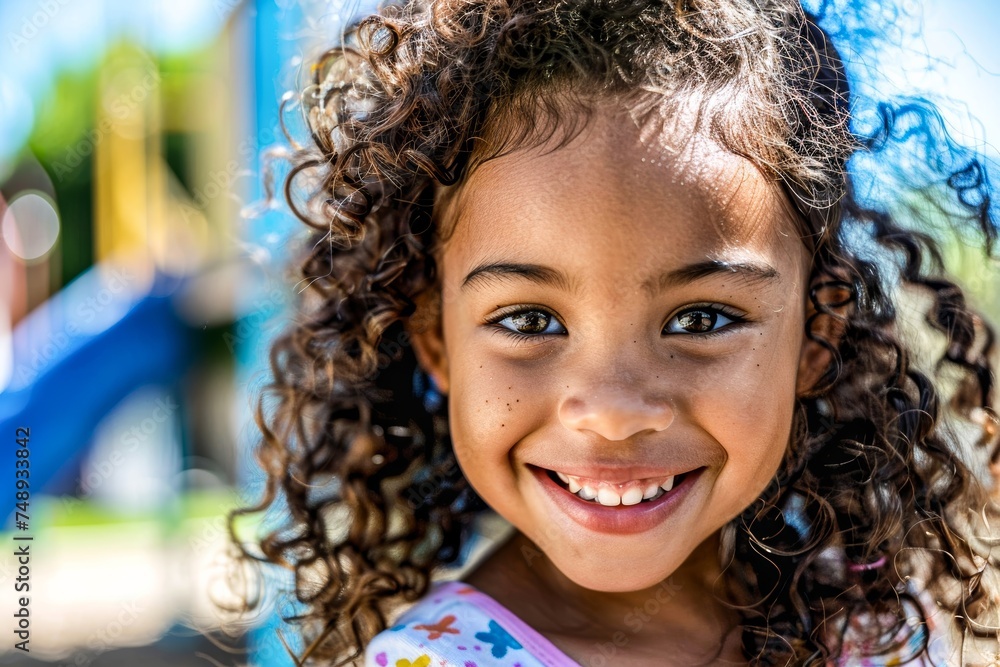 Close-up of a happy, curly-haired girl smiling at a playground with a sunny backdrop Close-up of a happy, curly-haired girl smiling at a playground with a sunny backdrop