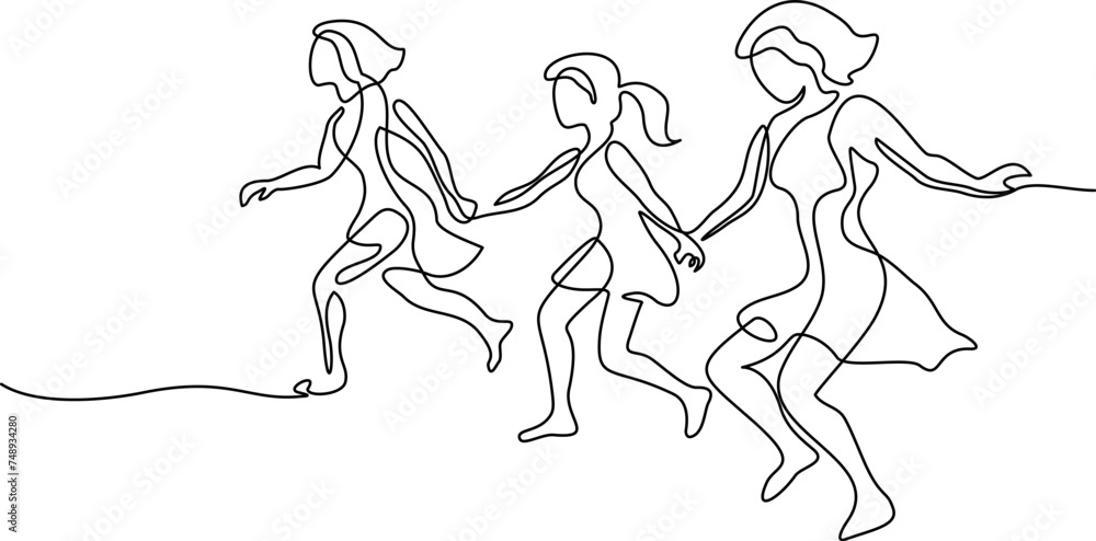Happy Girls friends run through meadow holding hands. Happy Girls friends run through meadow holding hands.