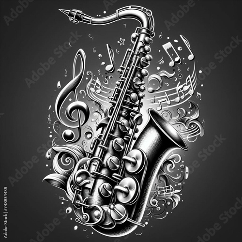 Conceito de musica. saxofone decorado em fundo preto para tatuagem photo