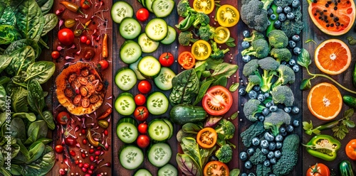 A colorful display of various fresh fruits and vegetables neatly arranged in rows, showcasing a rainbow of healthy options © Radomir Jovanovic
