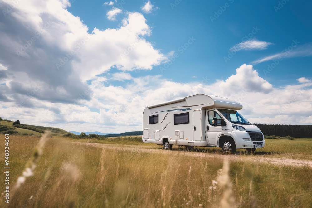 Motorhome parked on rural dirt road with trees and fields under a blue sky