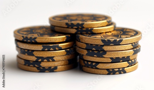 a stack of gold and black poker chips