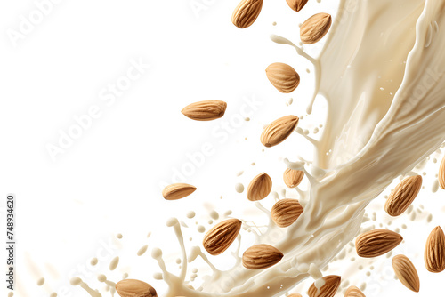 Wave of almond milk with whole kernels. Beverage from almond nuts, alternative milk. Flow whote liquid with splash and drops photo