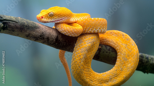 Cobra víbora amarela em um galho. Fechar-se.