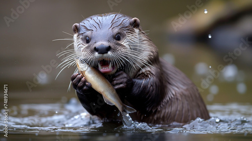 Lontra com um peixe na boca. Animal selvagem. photo
