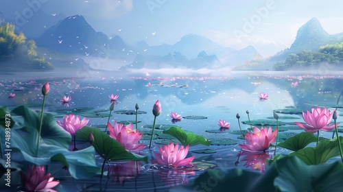 An enchanting scene of a serene lake filled with blooming lotuses under a golden sunset, flanked by majestic mountains. Vesak holiday celebration photo