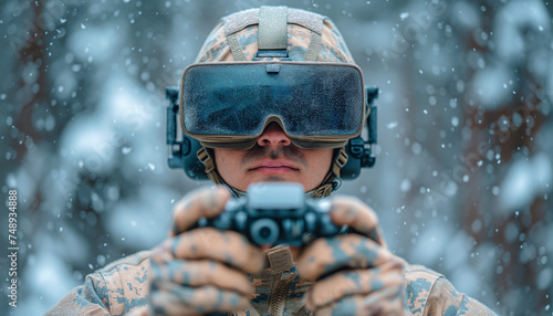 Man soldier in military uniform and helmet wearing FPV goggles operating military drone in war zone in winter.