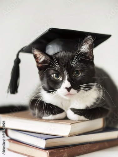 The photograph captures an adorable black and white cat with striking facial markings and expressive eyes. The cat is perched on a stack of hardcover books, suggesting a theme of education or achievem photo
