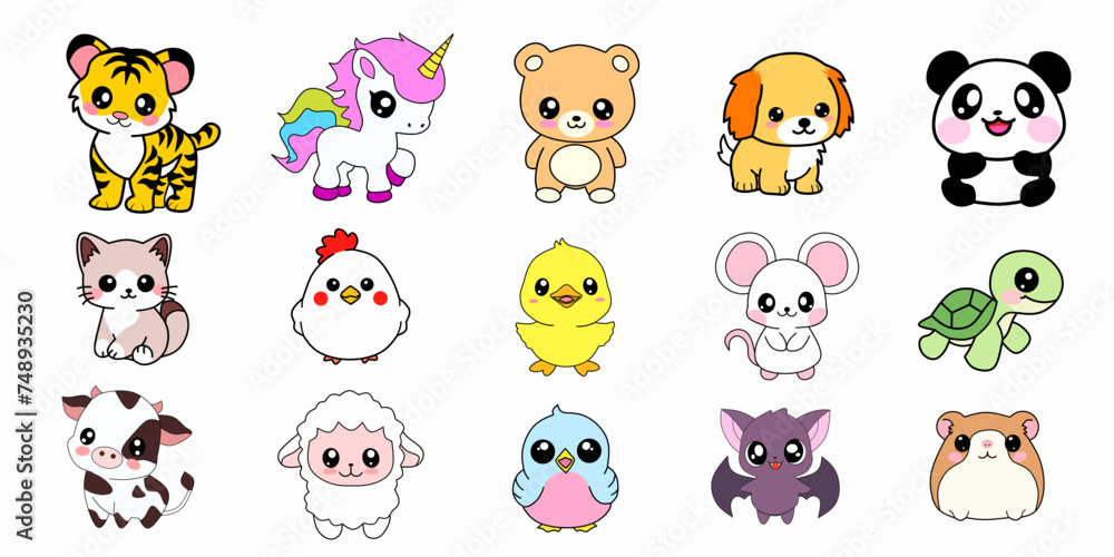 Set of Cute animals cartoon character in Kawaii style. Handrawn vector illustration. Isolated on white background Set of Cute animals cartoon character in Kawaii style. Handrawn vector illustration. Isolated on white background