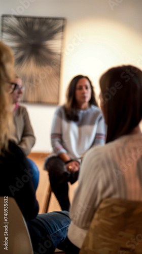 Blurred background people working in a support group for addicts, group interaction, diversity and inclusion, psychotherapy and socialization