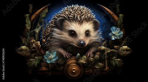 A small hedgehog in a floral frame. On a black background. Generative AI photo
