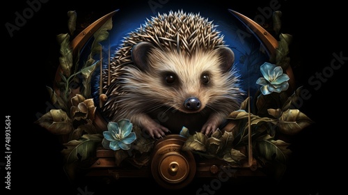 A small hedgehog in a floral frame. On a black background. Generative AI