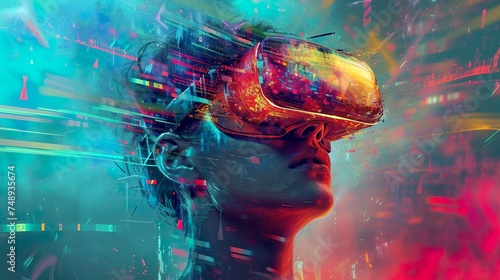 Frau mit VR Brille und bunter Visualisierung der digitalen Bilder