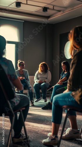 Therapist interacting with people in a group discussing group dynamics and promoting growth, group interaction diversity and inclusion, vertical poster