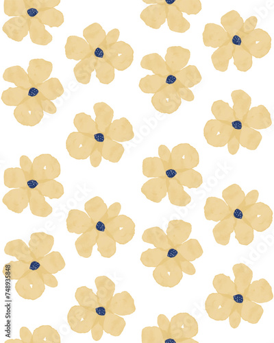 Watercolor Floral Seamless Vector Pattern. Infantile Drawing-like Abstract Garden. Yellow Hand Painted Flowers on a White Background. Cute Infantile Style Floral Endless Print Perfect for Fabric.
