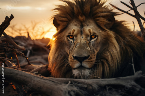 Lion lying among desert driftwood at sunset. Wildlife and nature concept