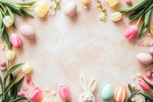 A pastel-colored Easter flat lay with a festive arrangement of eggs, tulips, and a bunny, representing spring and renewal