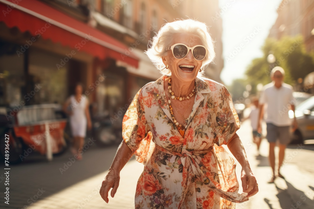 Elderly woman dancing on city street. Active seniors and urban lifestyle concept Elderly woman dancing on city street. Active seniors and urban lifestyle concept