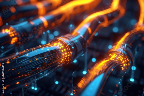 Futuristic technology concept featuring a circuit board with glowing blue and orange pipes, representing high-speed data transmission and advanced computing.