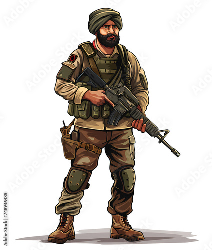 A soldier stands at attention, holding a rifle in hand.