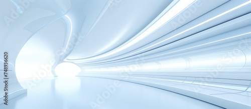 A white futuristic tunnel resembling a spaceship corridor, with a bright light shining at the end, creating a captivating visual effect.