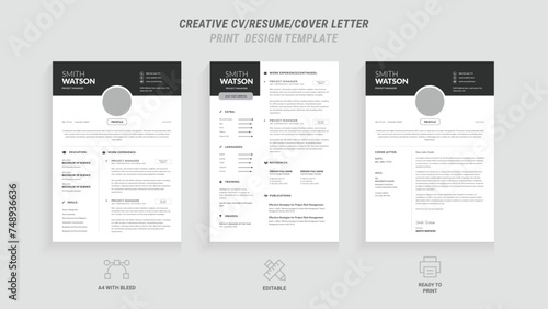 Present yourself professionally with our Minimal Resume, Cover Letter Page Set. Featuring a clean, modern design with a dark sidebar. Ideal for business job applications and multipurpose photo