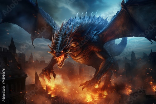 Fantasy dragon scene of a giant dragon flying over a burning city © Nico