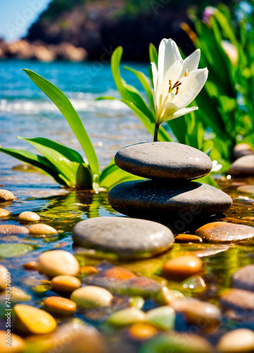 lily flower sea and stones. Selective focus.