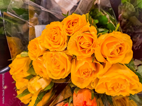 Bouquet of beautiful yellow roses on light background  fresh yellow roses