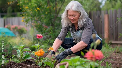 Mature woman plants flower seedlings in spring in garden, gardening activity © Irina Sharnina