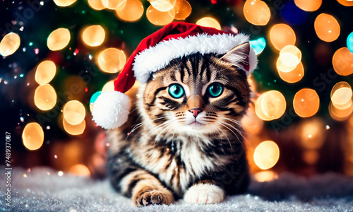 cat wearing a santa hat for christmas. Selective focus.