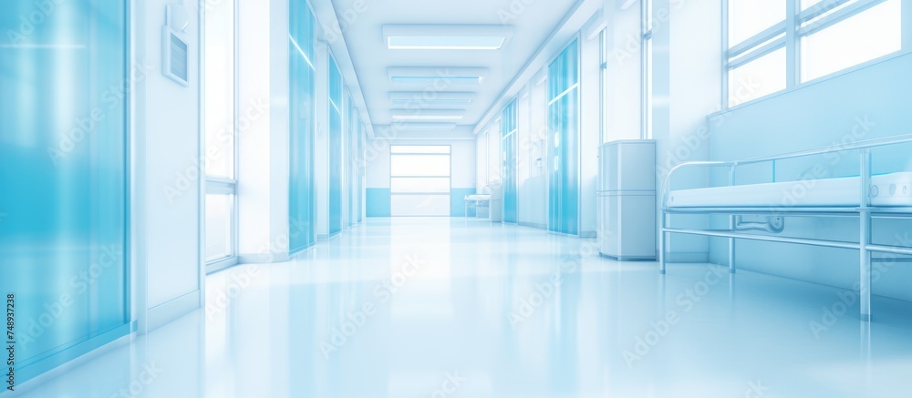 A long hallway in a clinic or hospital with a bench placed in the middle. The hallway stretches into the distance with doors lining the walls. A long hallway in a clinic or hospital with a bench placed in the middle. The hallway stretches into the distance with doors lining the walls.