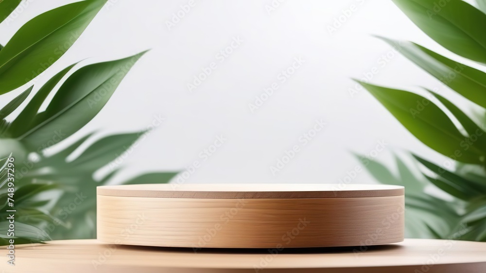 light grey background with a natural wood podium for product demonstrations, a wooden podium, a pedestal for advertising environmentally friendly products, creams