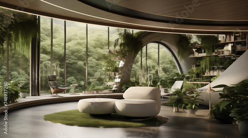 Biophilic design in a future living space  integrating nature with technology to create a unique and rejuvenating interior experience