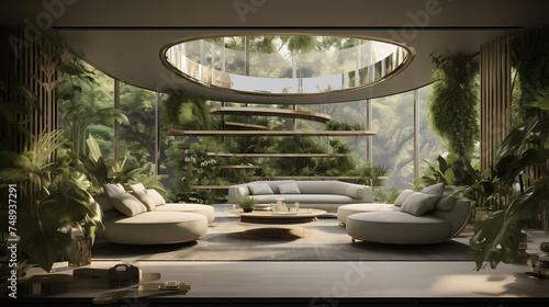 Biophilic design in a future living space, integrating nature with technology to create a unique and rejuvenating interior experience © Muhammad