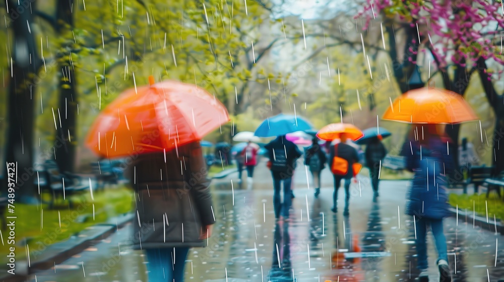 People walk down the street under bright umbrellas on a rainy day.
