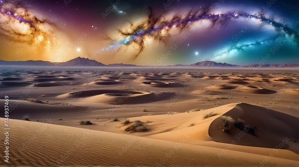 A mirage of a celestial phenomenon, where the desert sky is filled with swirling galaxies and shimmering stars, creating a psychedelic vision of the universe suspended above the sands. A mirage of a celestial phenomenon, where the desert sky is filled with swirling galaxies and shimmering stars, creating a psychedelic vision of the universe suspended above the sands.