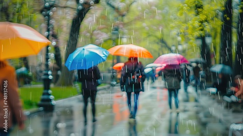 People walk down the street under bright umbrellas on a rainy day.