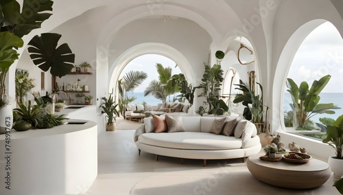 Modern take on upscale bali inspired small condo white round arches interor view of  kitchen  living room bedroom tropical foliage