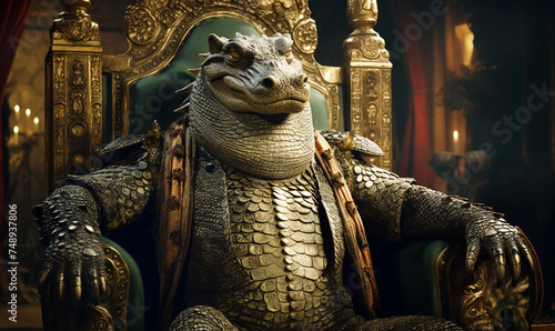 Majestic crocodile king adorned in regal robes ruling from a golden throne scepter in claw in a luxurious palace photo