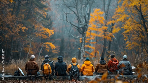 A group of individuals are gathered on a fallen tree in a deciduous forest
