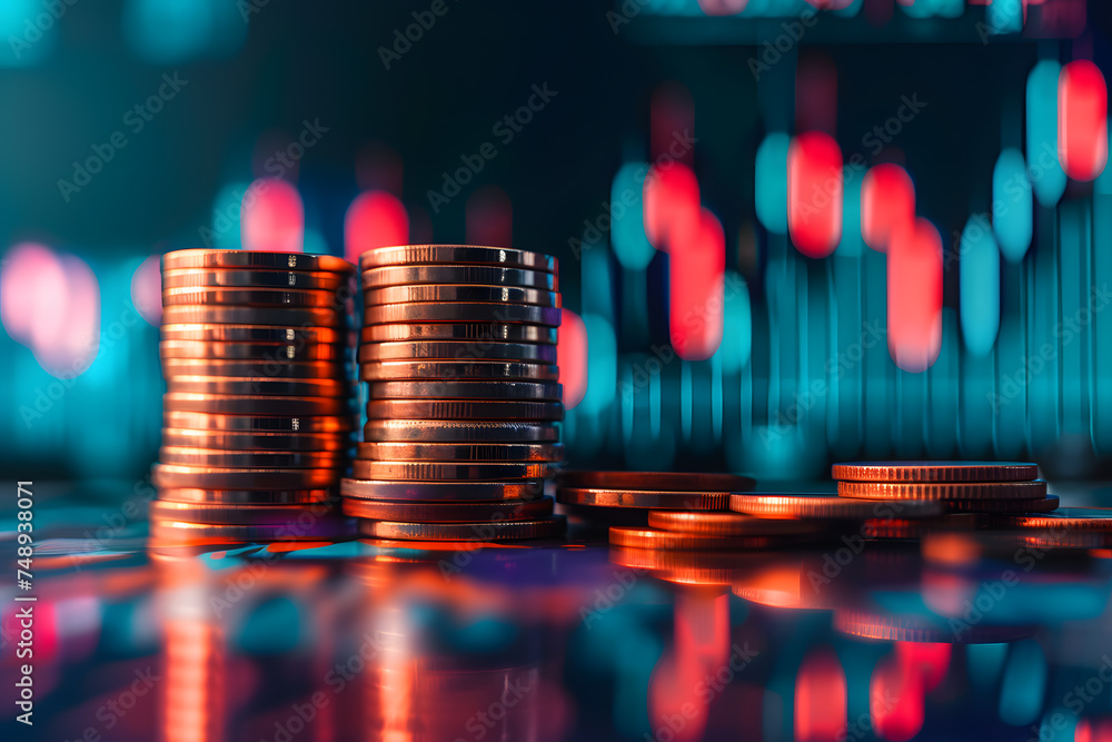 Finance and economics concept, stacks of coins on stock market graph background Finance and economics concept, stacks of coins on stock market graph background