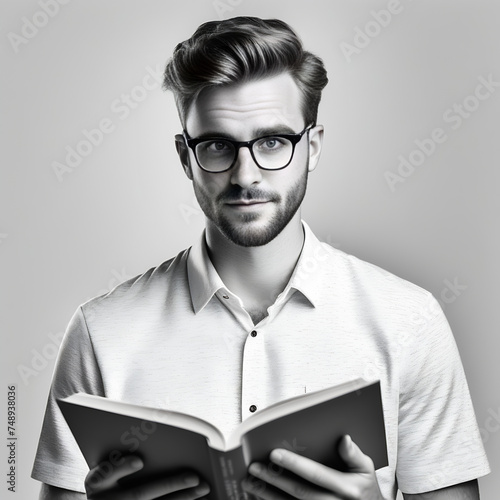Photo of a man with glasses reading a book