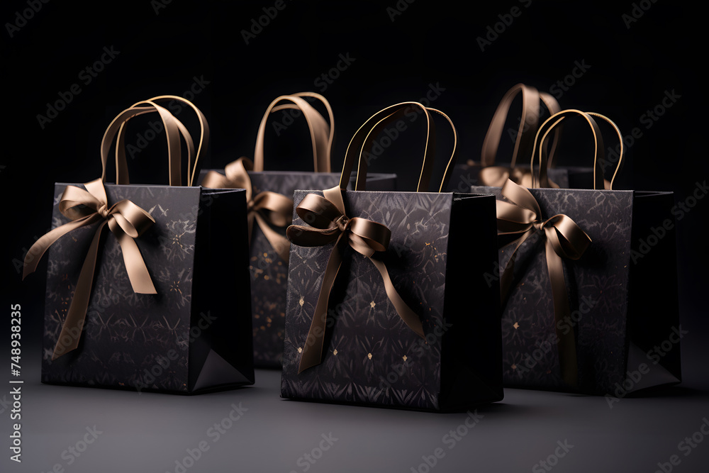 Multiple black shopping and gift bags on background Multiple black shopping and gift bags on background