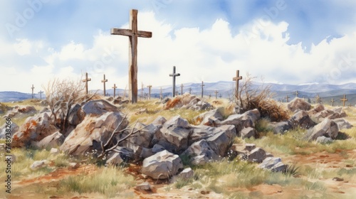 Watercolor illustration of a Christian cross on a rocky hill with a clear sky